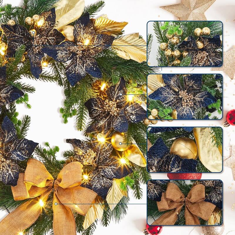 24 Inch Artificial Christmas Wreath with Blue Artificial Flowers