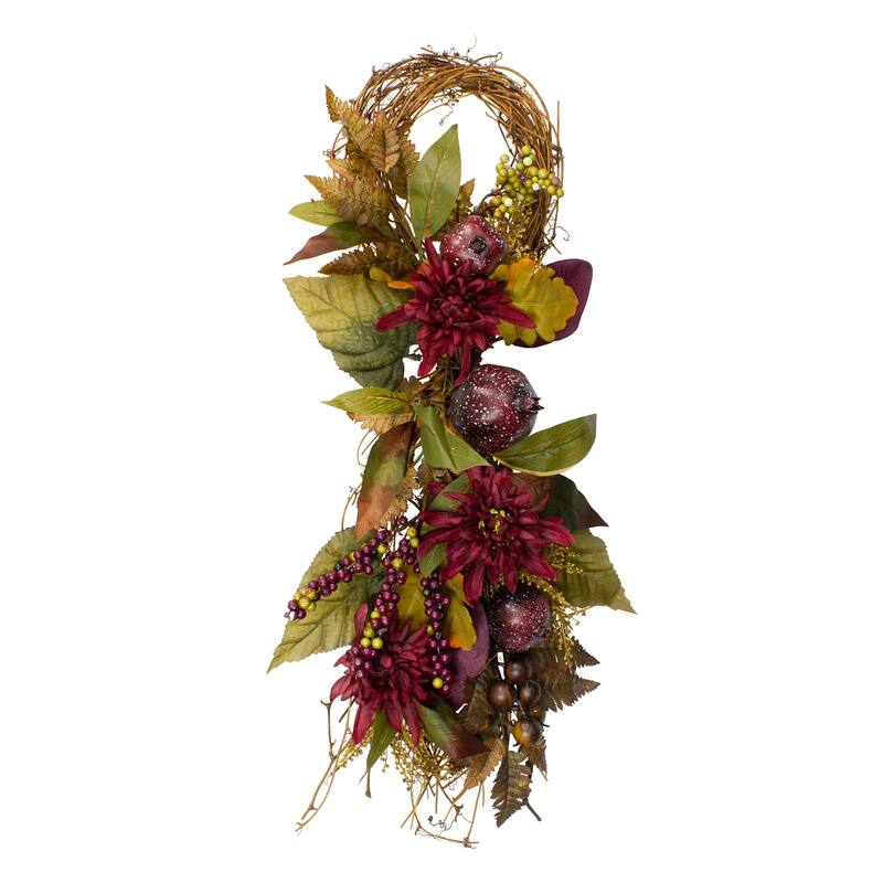 28" Autumn Harvest Mums Pomegranate Grapevine Teardrop Swag - Unlit