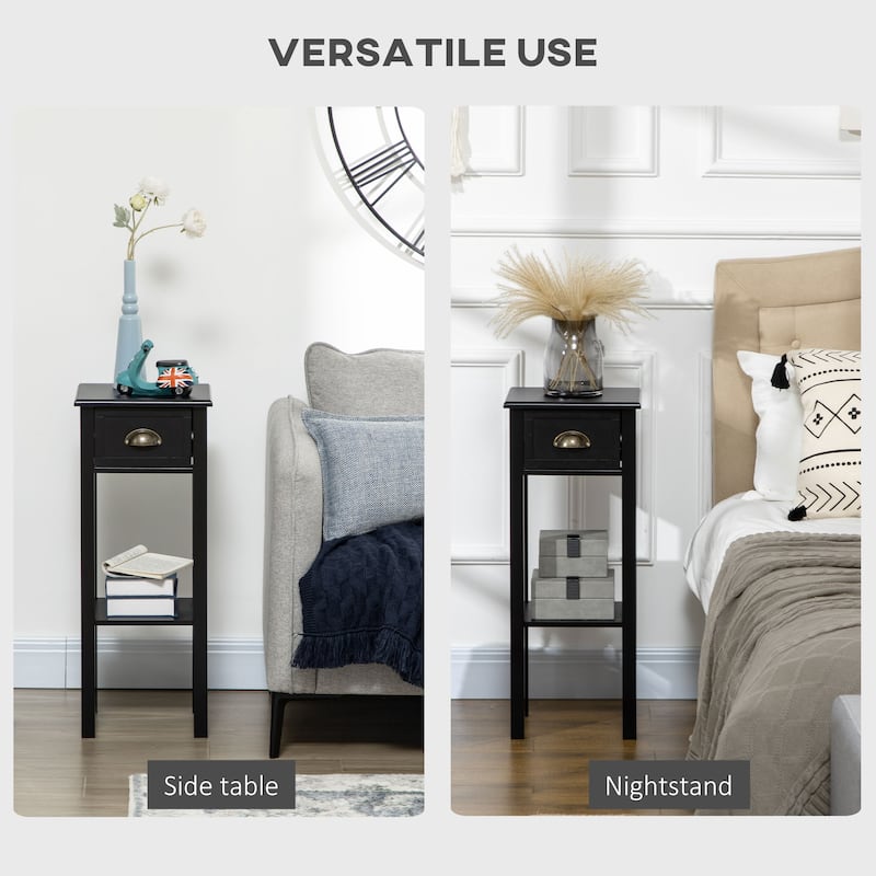 29" 2-Tier Side Table with Drawer and Shelf, Black MDF