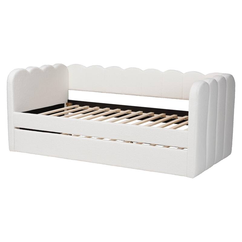 Palmer Cream Teddy-Bear Fabric Daybed with Rolling Trundle - Scalloped Edge Daybed with Plush Upholstery, Modern Sofa Bed