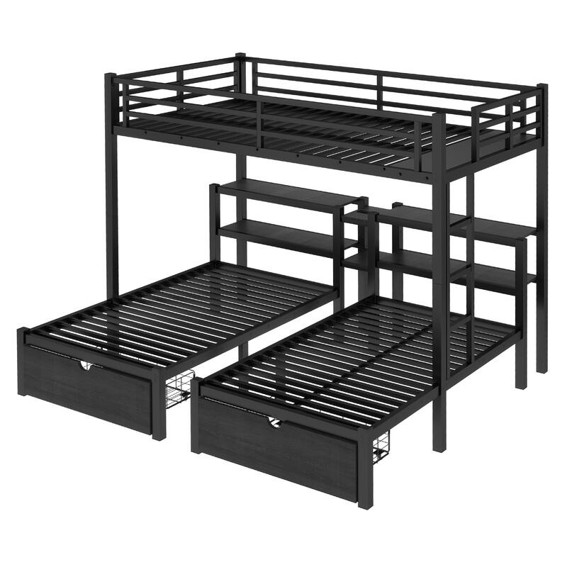 Roomfitters Full XL over Twin & Twin Triple Bunk Bed with Drawers, Metal Frame with USB and Shelves, Black
