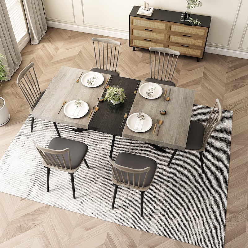 Vintage Rectangular Stretch Dining Table, Conference Table with Antique Wood Top and Black Embossed Folding Center Panel