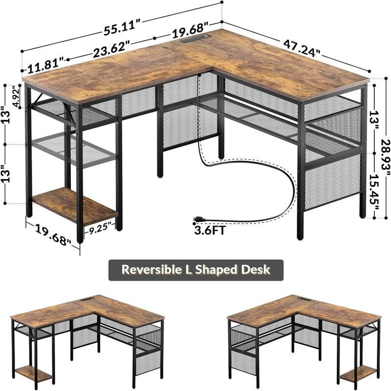 L Shaped Desk with USB Charging Port and Power Outlet