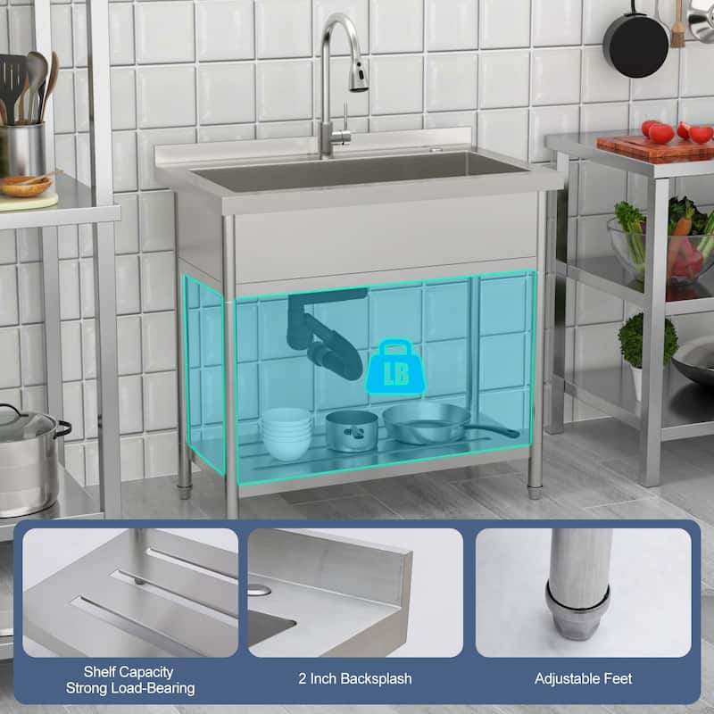 Lordear 36" Large Utility Sink Free Standing Outdoor Stainless Steel Deep Laundry Sink with Faucet