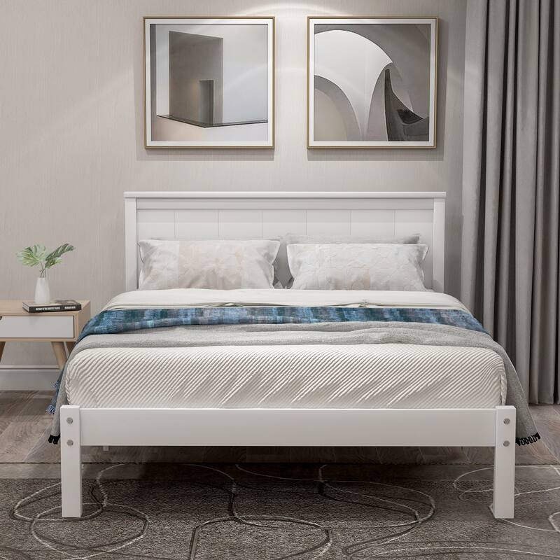 Classic Platform Bed Wood Bed with Headboard, Solid Wood Platform Bed Frame with Strong Slats Support/No Box Spring Needed - White - Twin