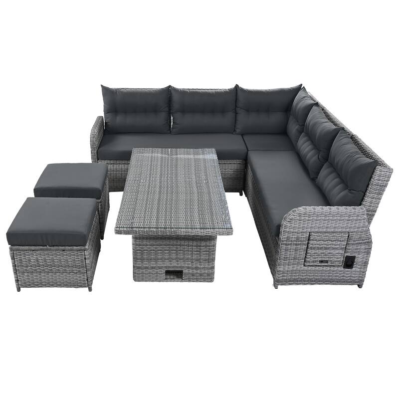 Outdoor Patio Rattan Sectional Sofa Set with Adjustable Height Table and 2 Reclining Seat, Extendable Side Tables