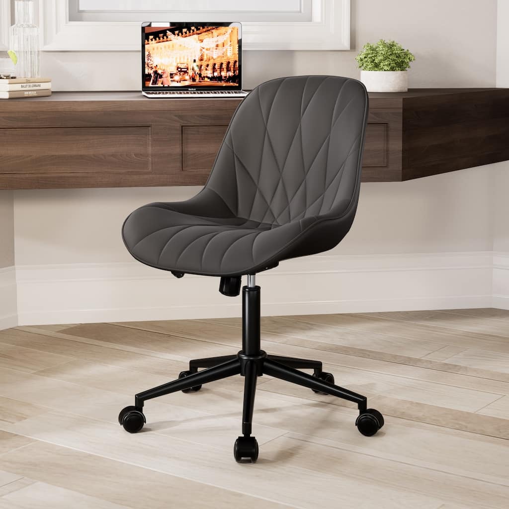 Armless Swivel Office Chair, Faux Leather Task Chairs with Wheels
