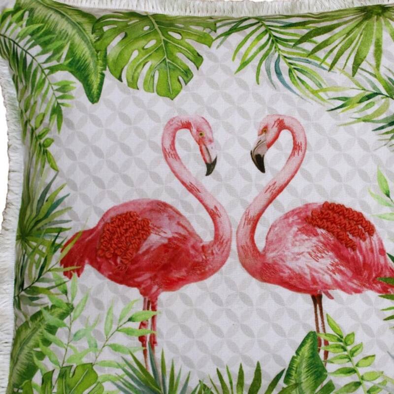 20" Off White Pink And Green Flamingo Throw Pillow Cover with Fringe