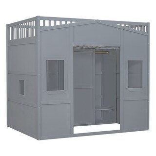 Full Size Wood House Loft Bed with Ladder and Wardrobe, Grey