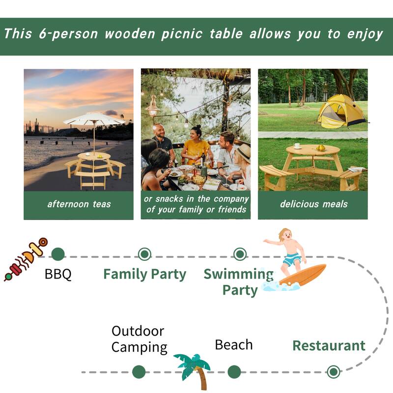 Outdoor Wood Picnic Table and Bench Set, 6 Person Round Dining Table with 3 Built In Benches and Umbrella Hole