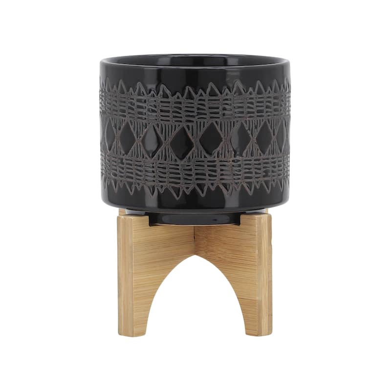 Sagebrook Home Ceramic Planters on Wood Stand - 5"x5"x6" - Aztec Black