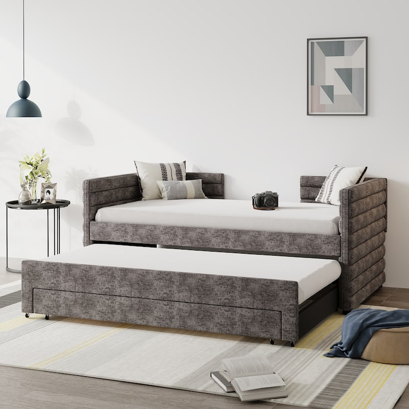 Double Upholstered Daybed with Trundle and 3 Storage Drawers