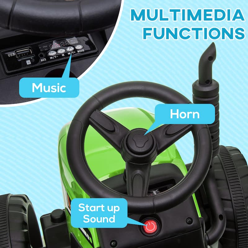 Aosom 12V Ride on Tractor with Trailer, 25W Dual Motors, Battery Powered Electric Tractor with Remote Control