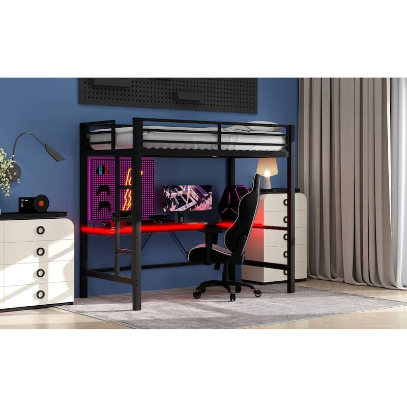 Metal Twin Size Loft Bed with Desk and Stairs, Heavy Duty Loft Bed Frame with LED Lights and USB Charge Station for Bedroom