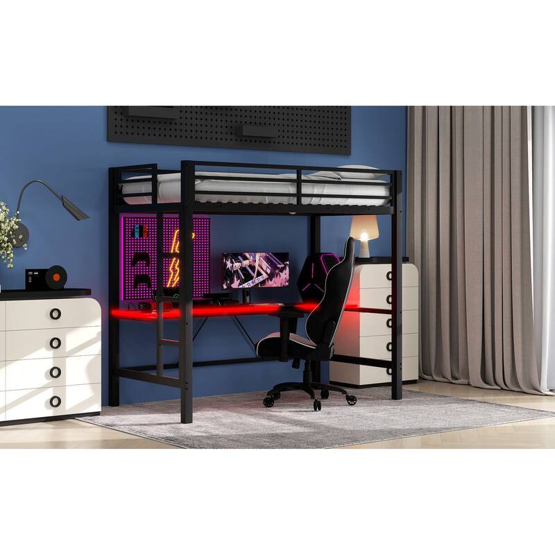 Twin Size Gaming Metal Loft Bed Frame with LED Light, USB Charge Station and Desk