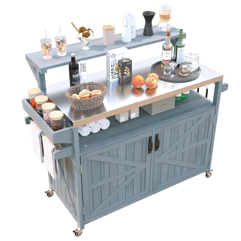 53.3" Outdoor Kitchen Island with Stainless Steel Top, Raised Shelf Solid Wood Storage Cabinet Outdoor Rolling Grill Cart