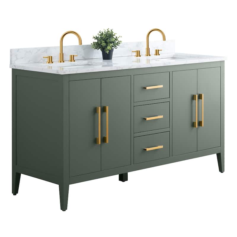 Vanity Art 60" Double Sink Bathroom Vanity Cabinet with Engineered Marble Top