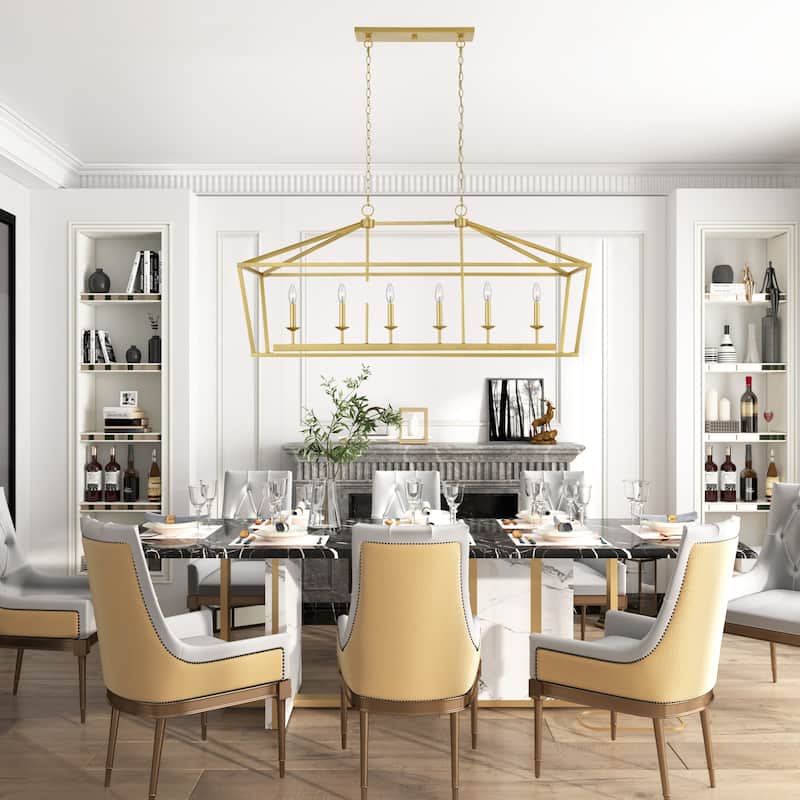 Finnick Mid-century Modern 6-light Rectangle Kitchen Island Lights Lantern Candle Chandelier - 49 inches