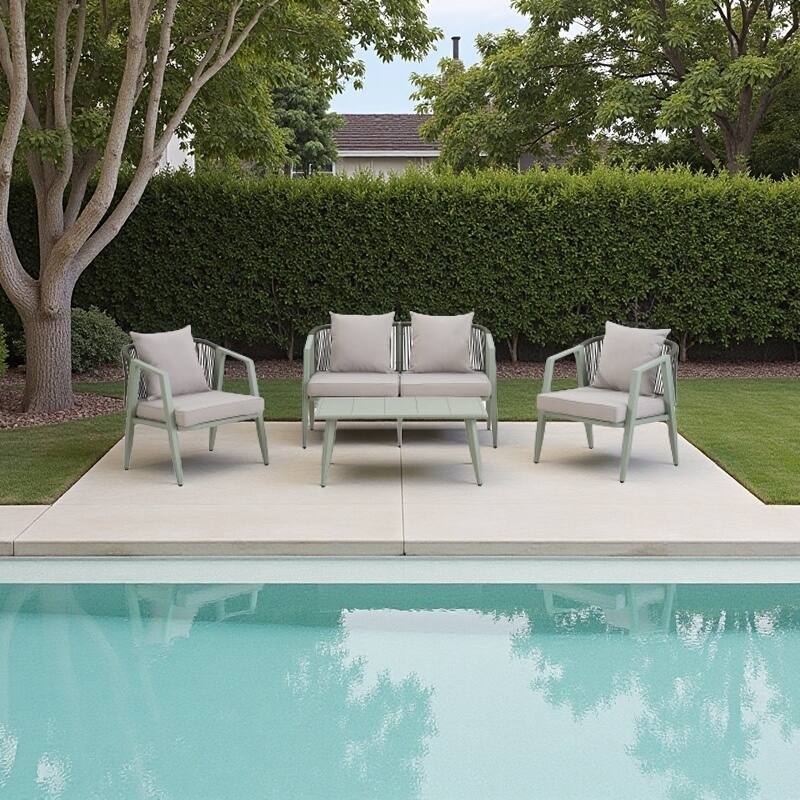 4-Piece Outdoor Patio Seating Set with Iron Frame, Cushioned Double and Single Chairs, and Matching Table - Green