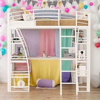 Full Size Modern Style White Loft Bed with 4 Layers of Shelves and L-shaped Desk,Maximized Space,Easy Assembly