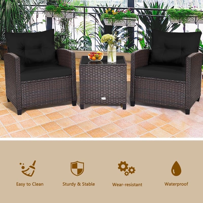 3 Pieces Rattan Patio Furniture Set with Washable Cushion - Chair: 26.5" x 26.5" x 30"