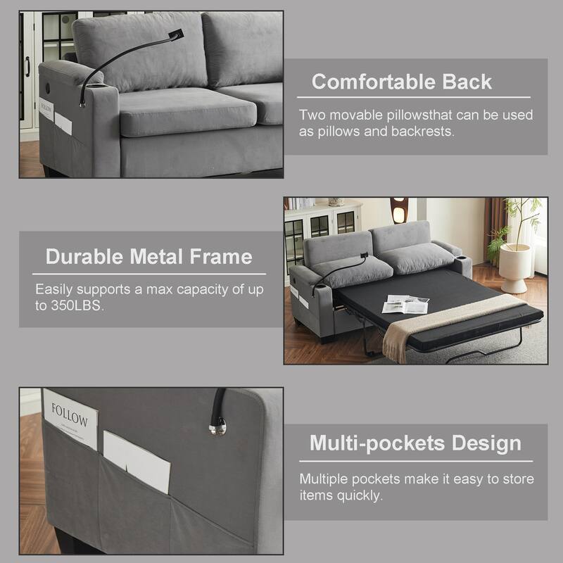 Pull-Out Queen Sofa Bed 73.63" with Memory Foam Mattress, Cup Holders, USB Ports, and Storage Pockets for Small Spaces