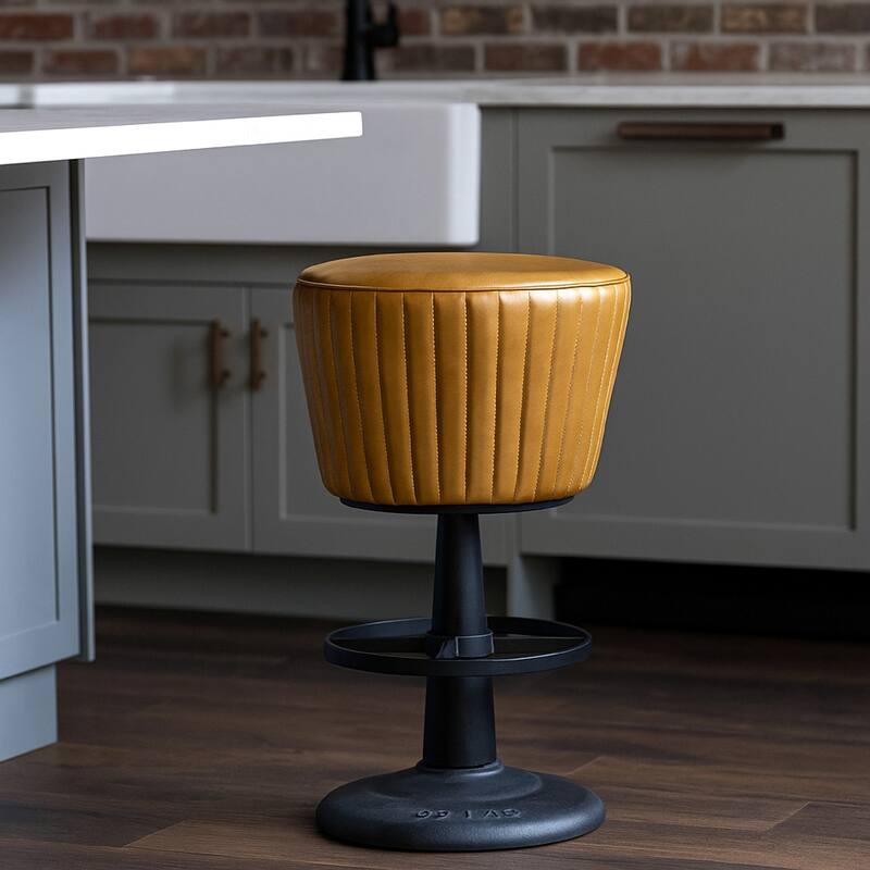 Myra Mushroom Counter Stool, Brown Ribbed Leather, Dark Gray Iron Base