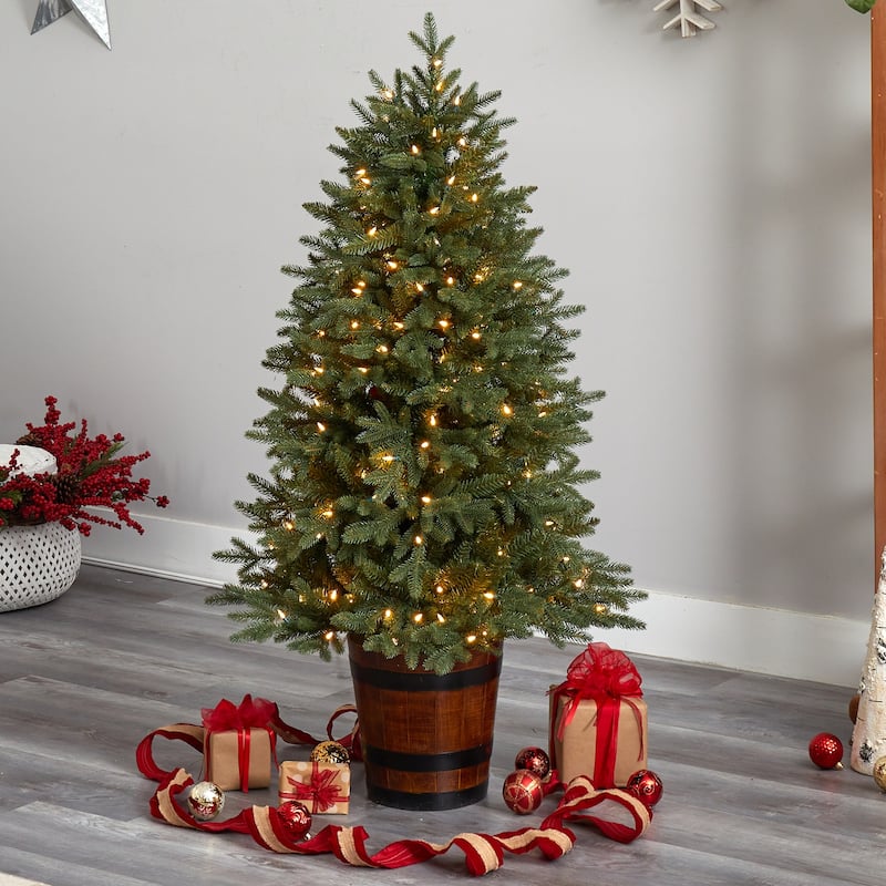 5Ft Pre-Lit Christmas Tree with Lights & Planter - Holiday Decor, Artificial Evergreen Tree, Festive Home Accent - Green - 60