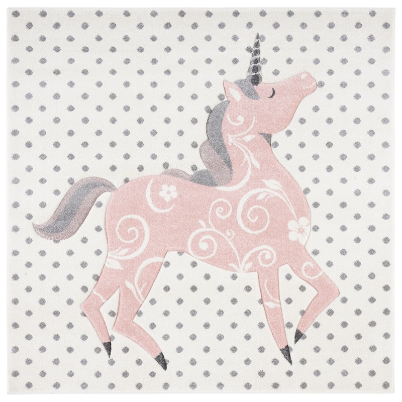 SAFAVIEH Carousel Kids Maronna Unicorn Rug - 6'7" x 6'7" Square - Ivory Grey/Pink