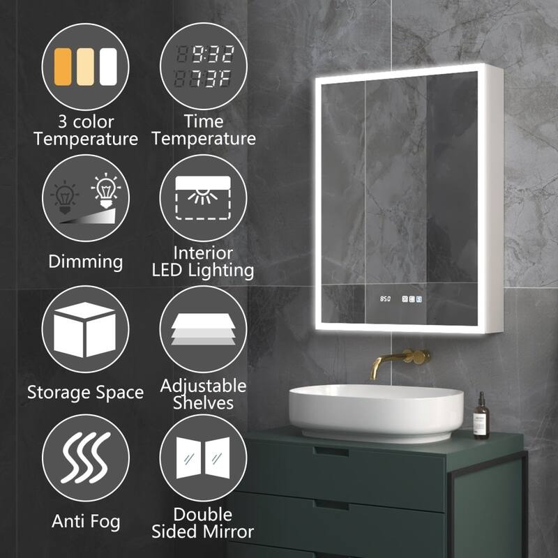 ExBrite 24" W x 32" H Led Lighted Medicine Cabinet Recessed or Surface with mirrors