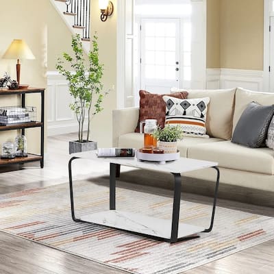 Coffee Table, White Faux Marble Coffee Table with Storage Shelf, Rectangle 2-Tier