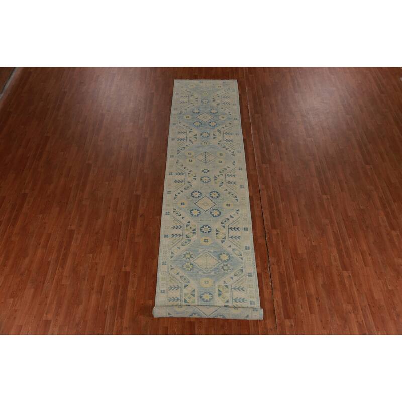 Hand Knotted Oriental 100% Wool Carpet Transitional Geometric Navy Blue & Blues Oushak Runner Rug - 16' 0'' X 3' 4''