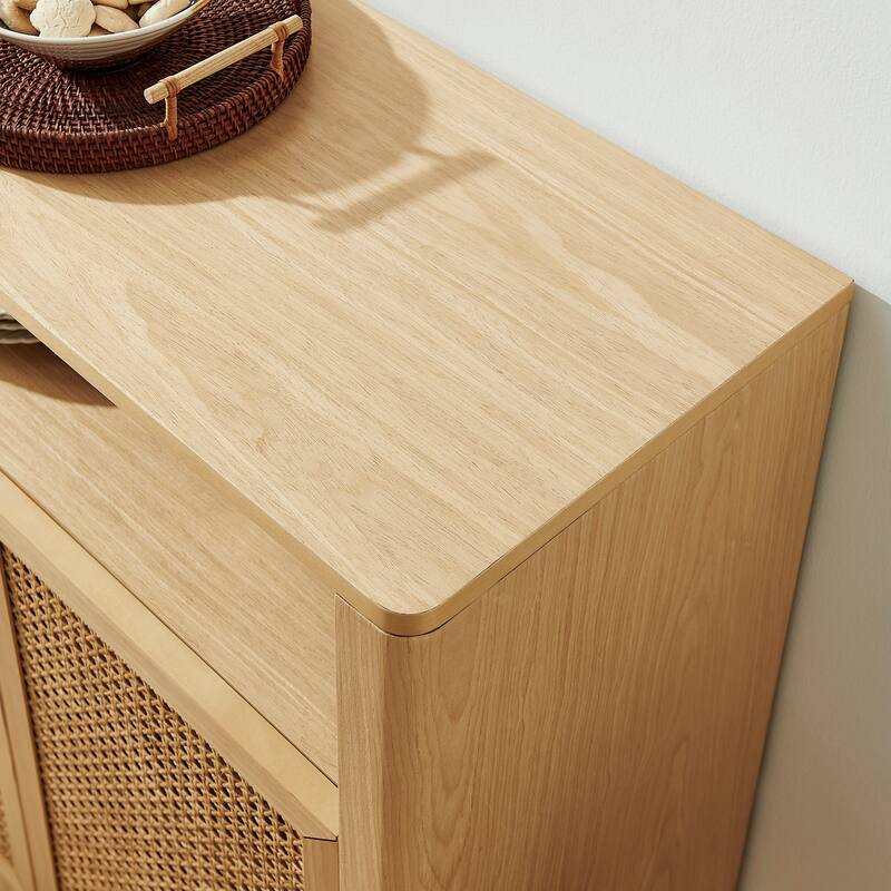 63" Modern Rattan Sideboard Buffet Cabinet with Storage and Open Shelf