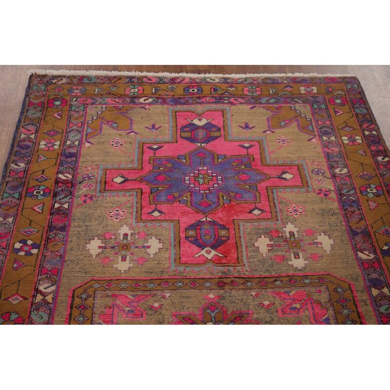 Handmade Ardebil Persian Vintage Runner Rug Geometric Wool Carpet - 3'11" x 10'7"