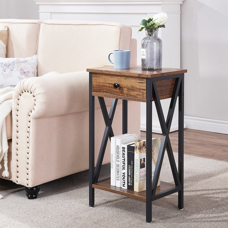 Javlergo Tall Side End Table, Modern Nightstand with Storage Shelf and Drawer - Brown