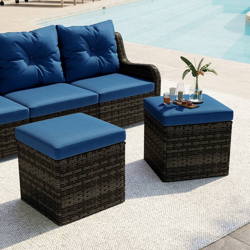 2 Set 17.7" W Outdoor Rattan Patio Square Ottoman with Cushion - Blue