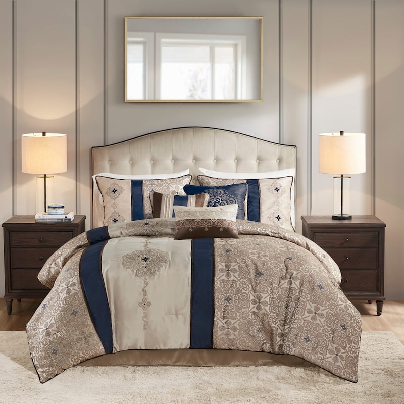 Madison Park Blaine 7 Piece Jacquard Comforter Set with Throw Pillows - Navy - California King