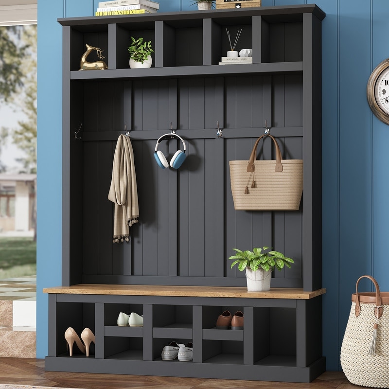 Modern Hall Tree with Wide Storage Seating Bench Entryway Shoe Cabinet with 13 Compartments Elegant Coat Rack with 6 Hooks Black