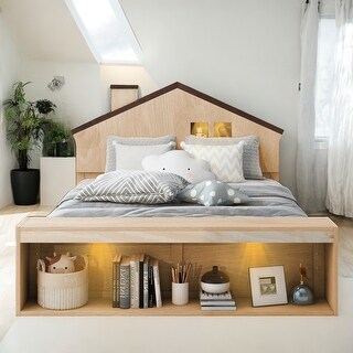 Wood Color Full Size House Platform Bed with LED Lights and Storage