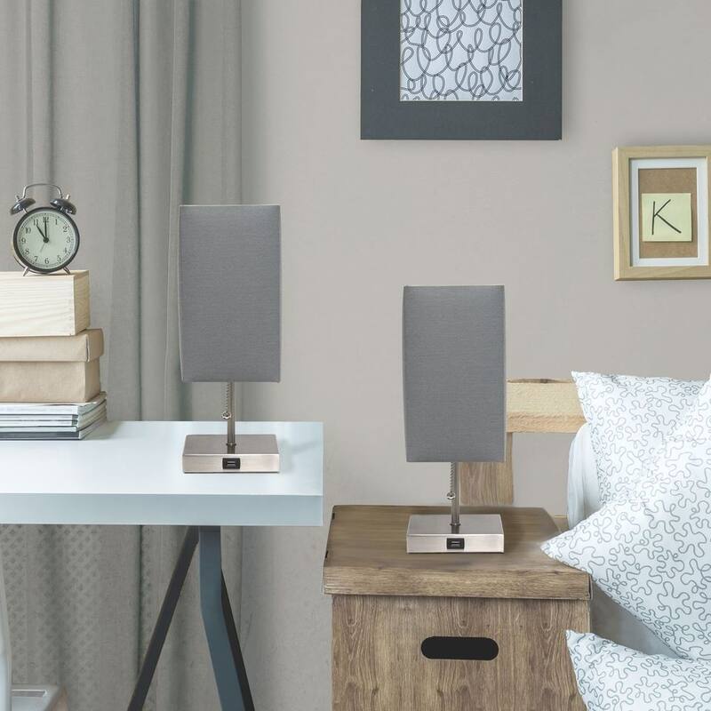 Simple Designs Petite Stick Lamp with USB Charging Port and Fabric Shade 2 Pack Set - 5 x 5 x 14.25 (L x W x H)