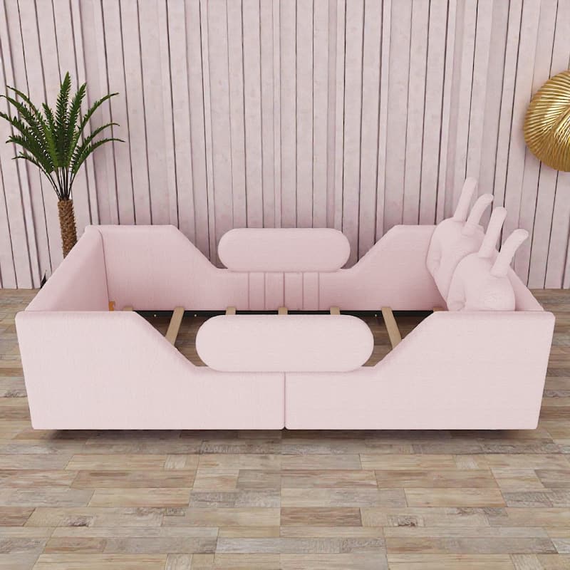 Twin Size Upholstered Floor Bed for Kids with Removable Side Rails, Soft Teddy Fabric Platform Bed