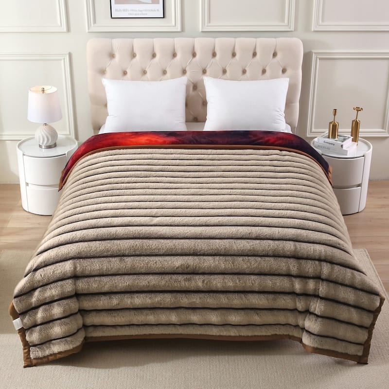 Warm Fleece Blanket Striped Fluffy Plush Bed Blanket 85"x93", 9lbs