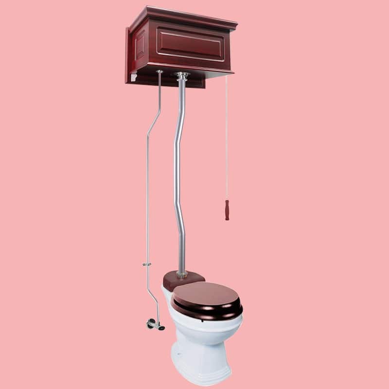 Cherry Wooden High Tank Toilet Raised Tank, Satin Plated Z Pipe and Round White Bowl