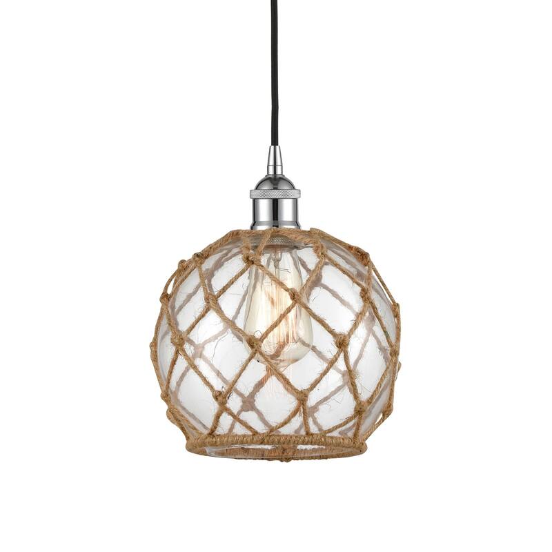 Innovations Lighting 616-1P-11-8 Farmhouse Pendant Farmhouse 8" Wide - Polished Chrome / Clear Glass / Brown Rope