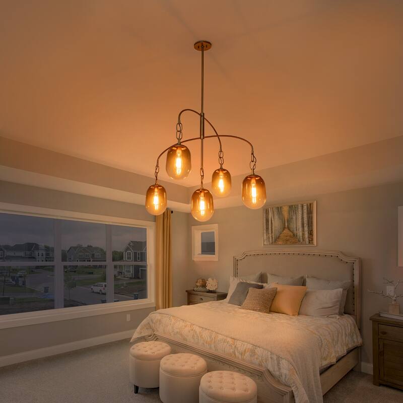 Modern Gold Chandelier Gradient Glass Shades 2-Tier Curved Arm