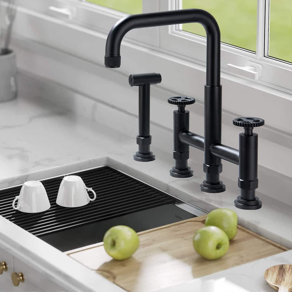 Antique 360 Swivel Bridge Kitchen Faucet with 28'' Slide Sprayer In Stainless Steel