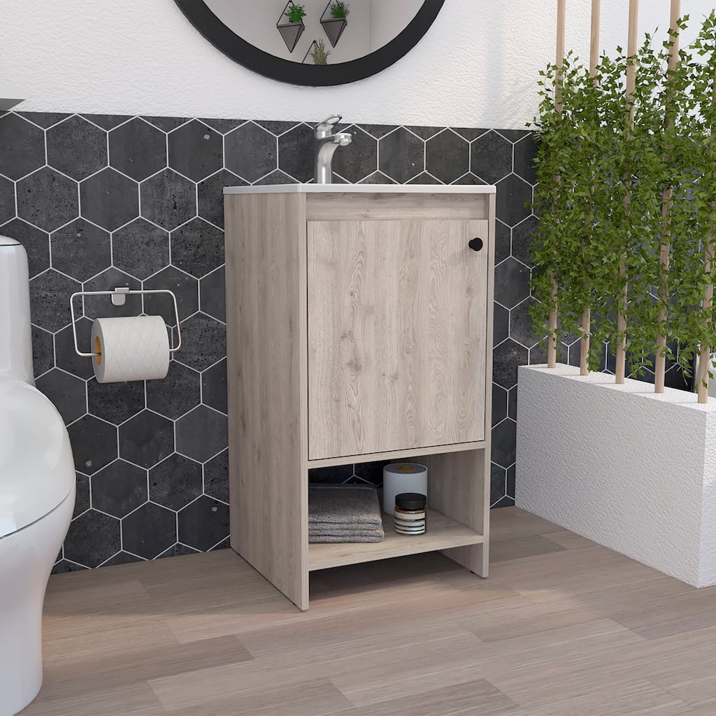 Minimalist Bathroom Vanity with Reinforced Resin, Open Shelf, and Storage Cabinet - Light Grey - 17.7in L