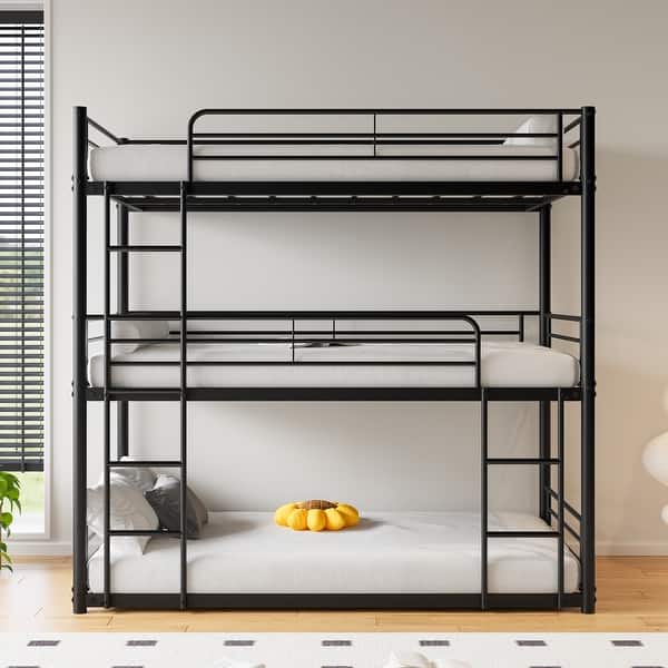 slide 2 of 13, Black Twin Metal Bunk Bed with Trundle, Ladder, and Full-Length Guardrail Black