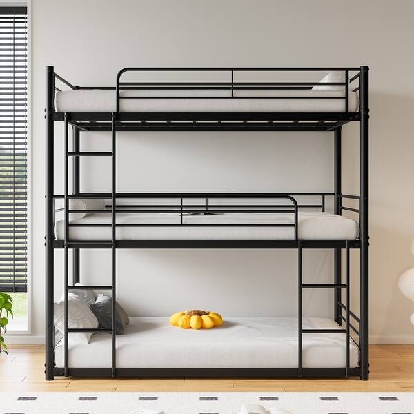 slide 2 of 13, Twin Over Twin Over Twin Metal Triple Bunk Bed with Two Attached Ladders Black