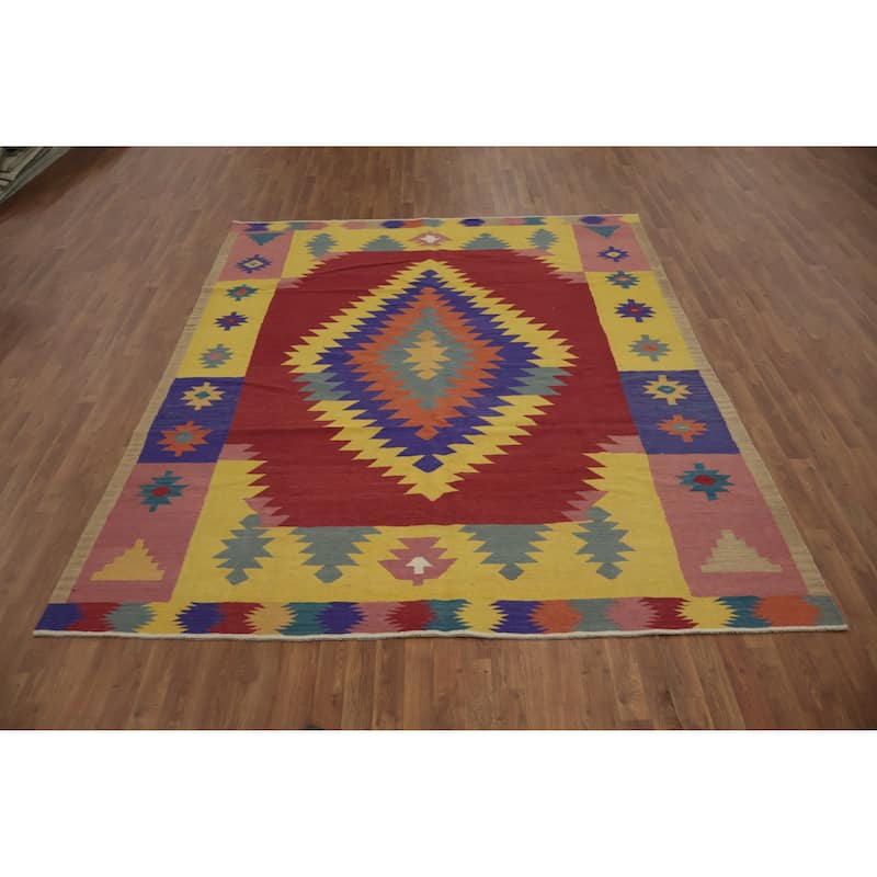 Hand Woven Oriental 100% Wool Carpet Southwestern Tribal Multi-Colored Kilim Area Rug - 9' 9'' X 7' 10''